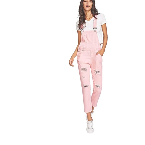 VERNON Blush Pink Distressed Overalls - Picture 3 of 6